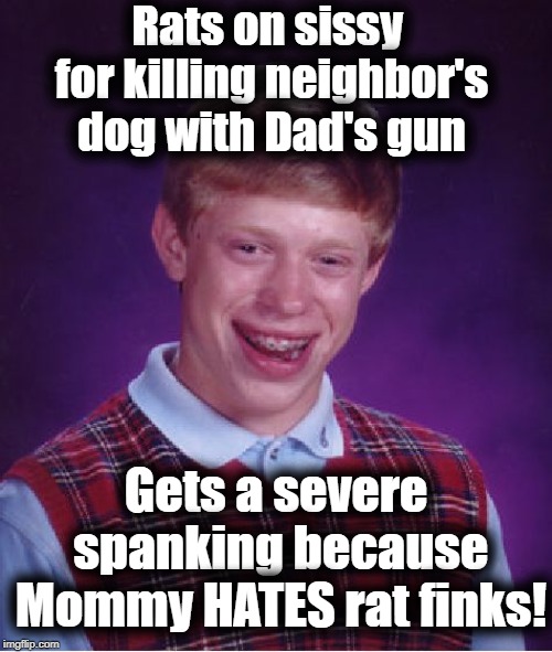This poor kid can't catch a break | Rats on sissy for killing neighbor's dog with Dad's gun; Gets a severe spanking because Mommy HATES rat finks! | image tagged in memes,bad luck brian | made w/ Imgflip meme maker