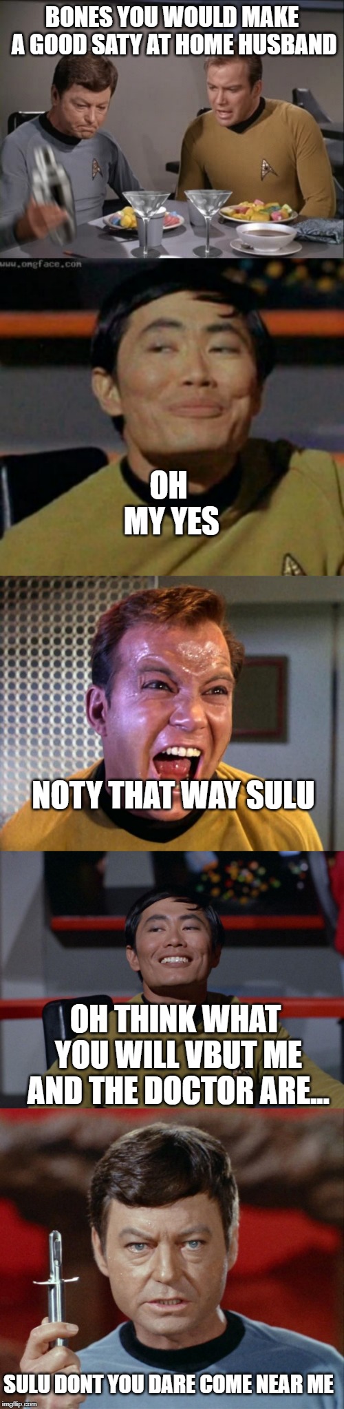 BONES YOU WOULD MAKE A GOOD SATY AT HOME HUSBAND; OH MY YES; NOTY THAT WAY SULU; OH THINK WHAT YOU WILL VBUT ME AND THE DOCTOR ARE... SULU DONT YOU DARE COME NEAR ME | image tagged in captain kirk screaming,sulu smug,star trek dinner,tos dr mccoy with hypo,sulu | made w/ Imgflip meme maker