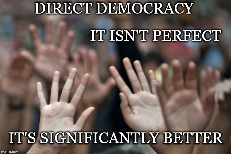 Way Better Than What We Got | DIRECT DEMOCRACY; IT ISN'T PERFECT; IT'S SIGNIFICANTLY BETTER | image tagged in direct democracy,imperfect,better | made w/ Imgflip meme maker