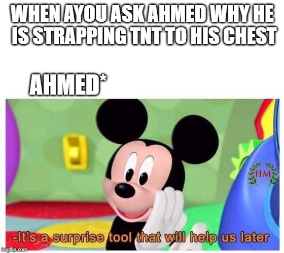 It's a surprise tool that will help us later | WHEN AYOU ASK AHMED WHY HE IS STRAPPING TNT TO HIS CHEST; AHMED* | image tagged in it's a surprise tool that will help us later | made w/ Imgflip meme maker