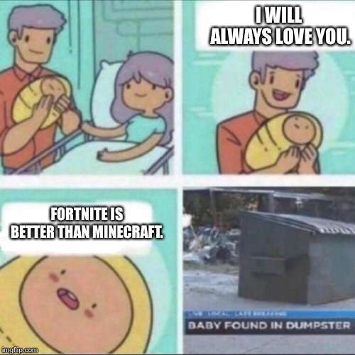 Minecraft turns 10 today! | I WILL ALWAYS LOVE YOU. FORTNITE IS BETTER THAN MINECRAFT. | image tagged in baby found in dumpster,memes,dumpster,fortnite,minecraft | made w/ Imgflip meme maker