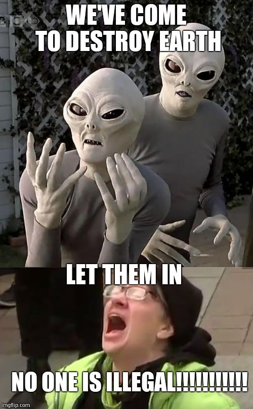 WE'VE COME TO DESTROY EARTH LET THEM IN NO ONE IS ILLEGAL!!!!!!!!!!! | image tagged in aliens,screaming liberal | made w/ Imgflip meme maker