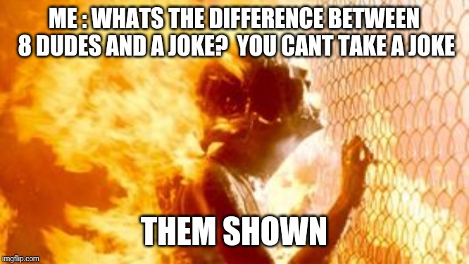 Terminator 2 burning | ME : WHATS THE DIFFERENCE BETWEEN 8 DUDES AND A JOKE? 
YOU CANT TAKE A JOKE; THEM SHOWN | image tagged in terminator 2 burning | made w/ Imgflip meme maker