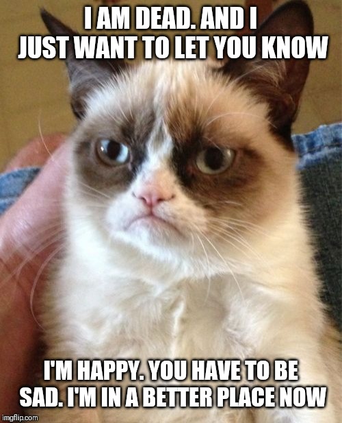 Grumpy Cat | I AM DEAD. AND I JUST WANT TO LET YOU KNOW; I'M HAPPY. YOU HAVE TO BE SAD. I'M IN A BETTER PLACE NOW | image tagged in memes,grumpy cat | made w/ Imgflip meme maker