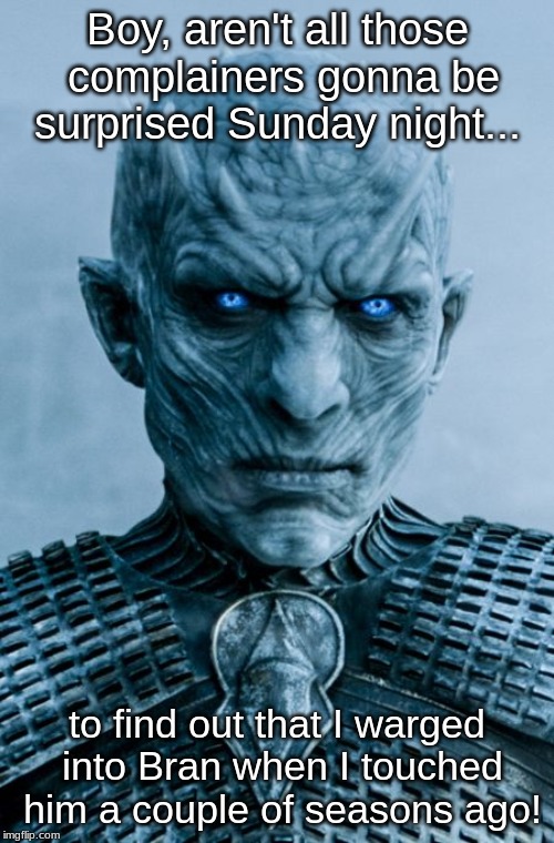 Night King | Boy, aren't all those complainers gonna be surprised Sunday night... to find out that I warged into Bran when I touched him a couple of seasons ago! | image tagged in night king | made w/ Imgflip meme maker