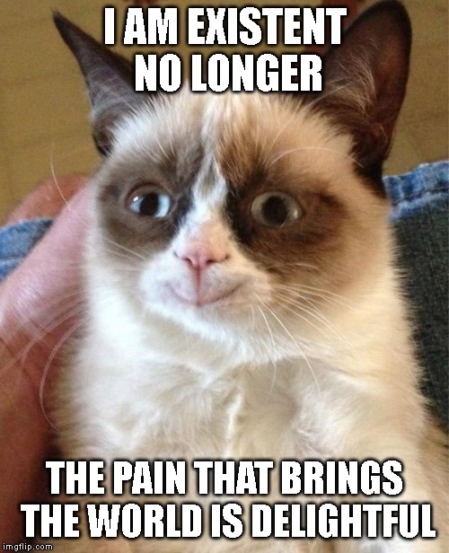 Grumpy cat was tired of the world's dogshit anyways. | I AM EXISTENT NO LONGER; THE PAIN THAT BRINGS THE WORLD IS DELIGHTFUL | image tagged in memes,grumpy cat happy,grumpy cat | made w/ Imgflip meme maker
