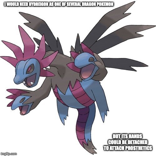 Hydreigon | I WOULD NEED HYDREIGON AS ONE OF SEVERAL DRAGON POKEMON; BUT ITS HANDS COULD BE DETACHED TO ATTACH PROSTHETICS | image tagged in hydreigon,pokemon,memes | made w/ Imgflip meme maker