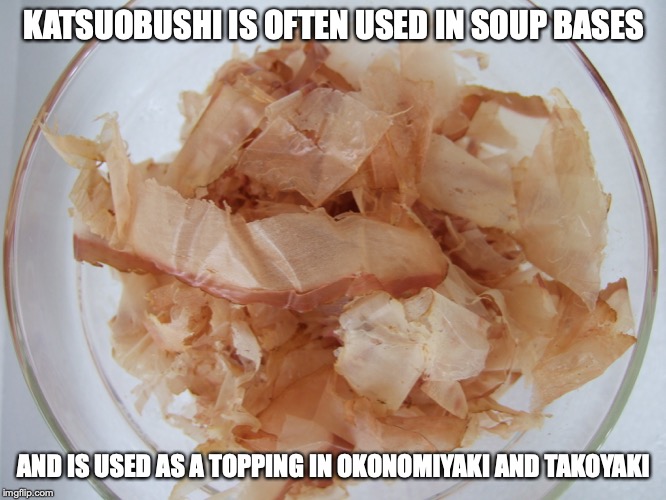 Katsuobushi | KATSUOBUSHI IS OFTEN USED IN SOUP BASES; AND IS USED AS A TOPPING IN OKONOMIYAKI AND TAKOYAKI | image tagged in katsuobushi,japan,food,memes | made w/ Imgflip meme maker