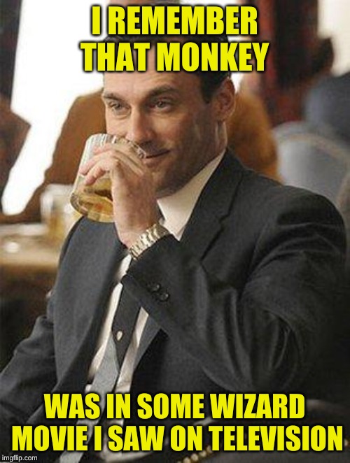 Don Draper Drinking | I REMEMBER THAT MONKEY WAS IN SOME WIZARD MOVIE I SAW ON TELEVISION | image tagged in don draper drinking | made w/ Imgflip meme maker