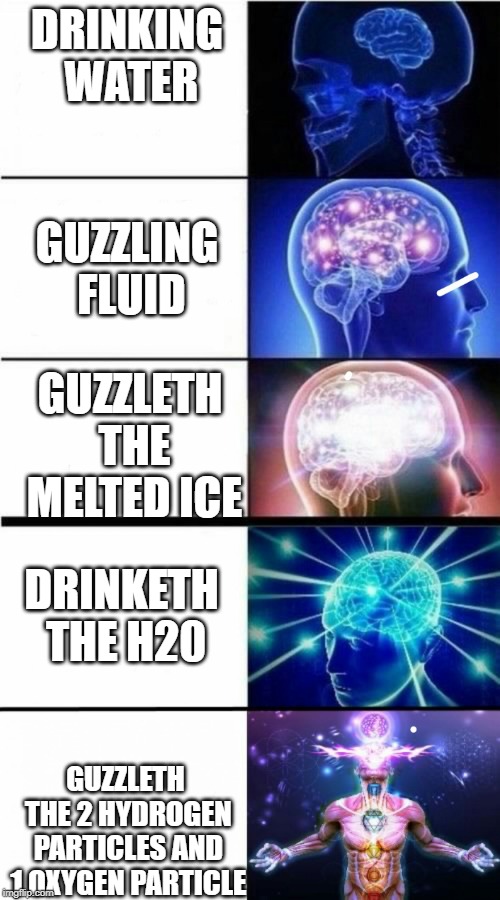 Expanding Brain Meme | DRINKING WATER; GUZZLING FLUID; GUZZLETH THE MELTED ICE; DRINKETH THE H20; GUZZLETH THE 2 HYDROGEN PARTICLES AND 1 OXYGEN PARTICLE | image tagged in expanding brain meme | made w/ Imgflip meme maker