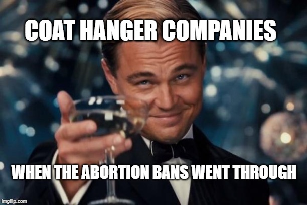 Leonardo Dicaprio Cheers | COAT HANGER COMPANIES; WHEN THE ABORTION BANS WENT THROUGH | image tagged in memes,leonardo dicaprio cheers,abortion,abortion ban | made w/ Imgflip meme maker