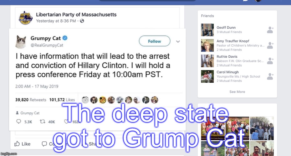 The truth comes out | The deep state got to Grump Cat | image tagged in trump cat tweet,hillary clinton,rip grumpy cat,memes | made w/ Imgflip meme maker