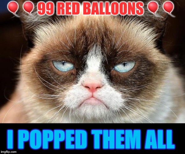 'Till one by one they were gone | 🎈🎈99 RED BALLOONS 🎈🎈; I POPPED THEM ALL | image tagged in memes,grumpy cat not amused,grumpy cat,nena,99 luftballons,80s music | made w/ Imgflip meme maker