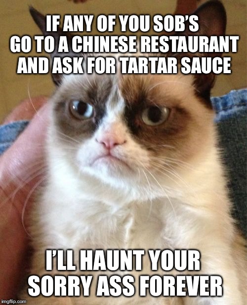 Grumpy Cat Meme | IF ANY OF YOU SOB’S GO TO A CHINESE RESTAURANT AND ASK FOR TARTAR SAUCE; I’LL HAUNT YOUR SORRY ASS FOREVER | image tagged in memes,grumpy cat | made w/ Imgflip meme maker