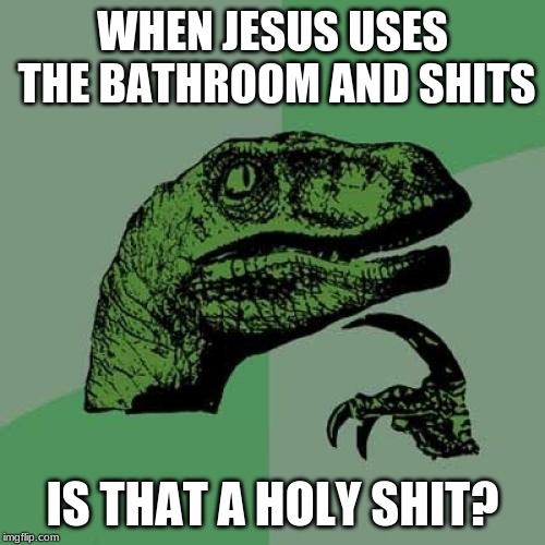 Philosoraptor Meme | WHEN JESUS USES THE BATHROOM AND SHITS; IS THAT A HOLY SHIT? | image tagged in memes,philosoraptor | made w/ Imgflip meme maker