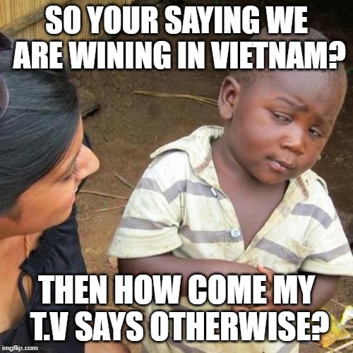 You sure? | SO YOUR SAYING WE ARE WINING IN VIETNAM? THEN HOW COME MY T.V SAYS OTHERWISE? | image tagged in memes,third world skeptical kid | made w/ Imgflip meme maker