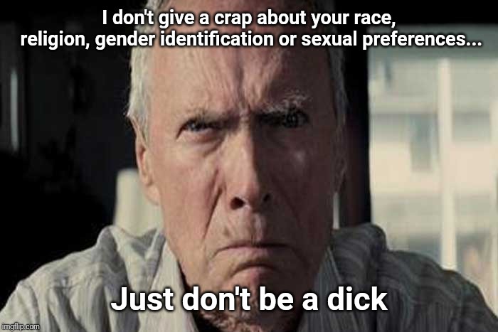 clint eastwood scowl | I don't give a crap about your race, religion, gender identification or sexual preferences... Just don't be a dick | image tagged in clint eastwood scowl | made w/ Imgflip meme maker