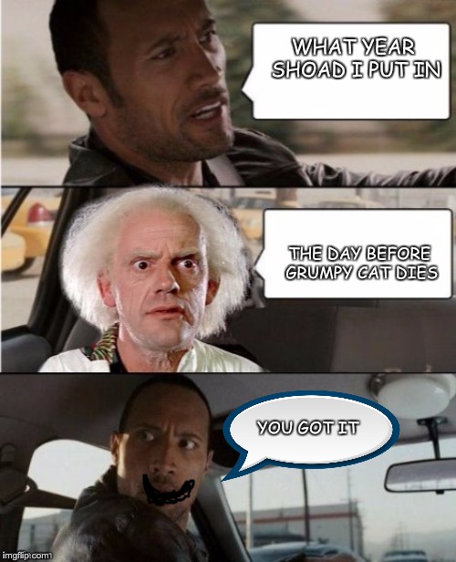 The Rock Driving Dr. Emmett Brown  | WHAT YEAR SHOAD I PUT IN; THE DAY BEFORE GRUMPY CAT
DIES; YOU GOT IT | image tagged in the rock driving dr emmett brown | made w/ Imgflip meme maker