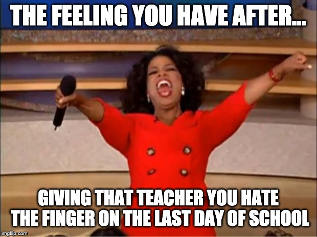 Oprah You Get A | THE FEELING YOU HAVE AFTER... GIVING THAT TEACHER YOU HATE THE FINGER ON THE LAST DAY OF SCHOOL | image tagged in memes,oprah you get a | made w/ Imgflip meme maker