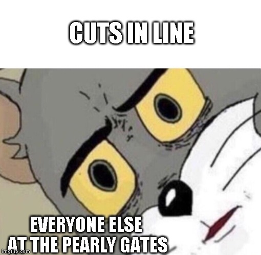What? Is there a problem? | CUTS IN LINE; EVERYONE ELSE AT THE PEARLY GATES | image tagged in me everyone else | made w/ Imgflip meme maker