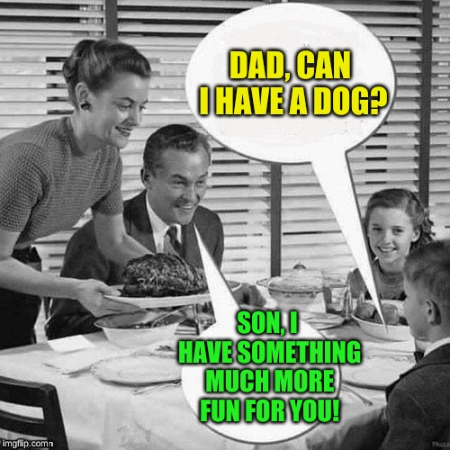 Vintage Family Dinner | DAD, CAN I HAVE A DOG? SON, I HAVE SOMETHING MUCH MORE FUN FOR YOU! | image tagged in vintage family dinner | made w/ Imgflip meme maker