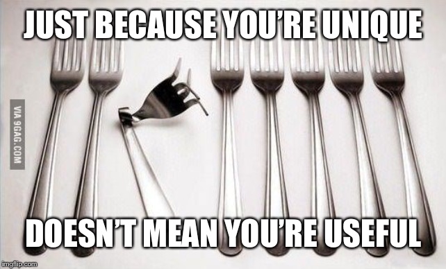 JUST BECAUSE YOU’RE UNIQUE; DOESN’T MEAN YOU’RE USEFUL | image tagged in unique | made w/ Imgflip meme maker