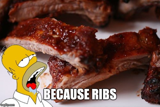 homer ribs | BECAUSE RIBS | image tagged in homer ribs | made w/ Imgflip meme maker