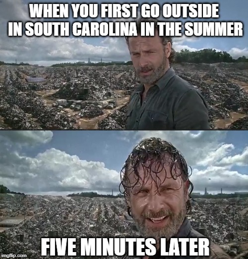The Walking Dread | WHEN YOU FIRST GO OUTSIDE IN SOUTH CAROLINA IN THE SUMMER; FIVE MINUTES LATER | image tagged in rick grimes in the grime,summer heat | made w/ Imgflip meme maker