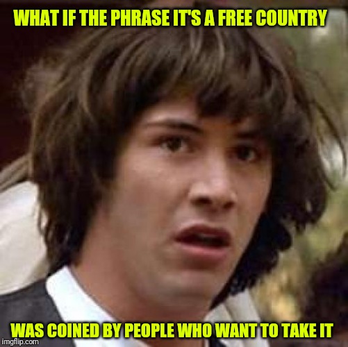 Conspiracy Keanu | WHAT IF THE PHRASE IT'S A FREE COUNTRY; WAS COINED BY PEOPLE WHO WANT TO TAKE IT | image tagged in memes,conspiracy keanu | made w/ Imgflip meme maker