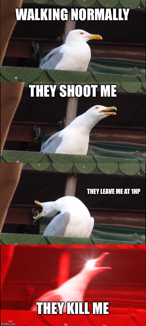 Inhaling Seagull Meme | WALKING NORMALLY; THEY SHOOT ME; THEY LEAVE ME AT 1HP; THEY KILL ME | image tagged in memes,inhaling seagull | made w/ Imgflip meme maker