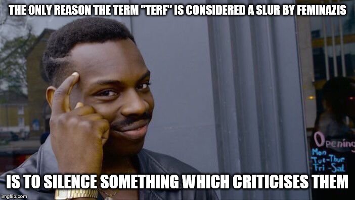 if you don't know, TERF means "Trans-exclusionary radical feminists" or "Transphobic Feminazis" | THE ONLY REASON THE TERM "TERF" IS CONSIDERED A SLUR BY FEMINAZIS; IS TO SILENCE SOMETHING WHICH CRITICISES THEM | image tagged in memes,roll safe think about it,politics | made w/ Imgflip meme maker