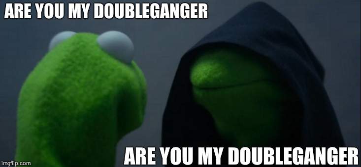 Evil Kermit | ARE YOU MY DOUBLEGANGER; ARE YOU MY DOUBLEGANGER | image tagged in memes,evil kermit | made w/ Imgflip meme maker