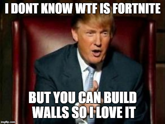 Donald Trump | I DONT KNOW WTF IS FORTNITE; BUT YOU CAN BUILD WALLS SO I LOVE IT | image tagged in donald trump | made w/ Imgflip meme maker