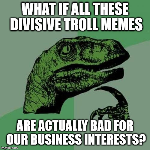 Philosoraptor | WHAT IF ALL THESE DIVISIVE TROLL MEMES; ARE ACTUALLY BAD FOR OUR BUSINESS INTERESTS? | image tagged in memes,philosoraptor | made w/ Imgflip meme maker