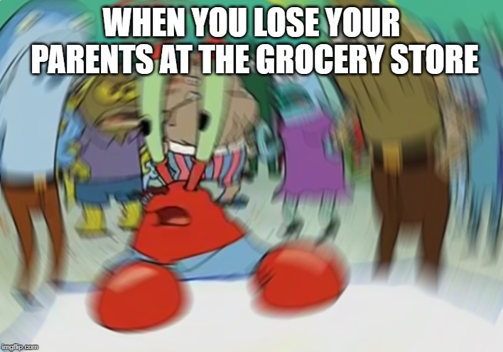 Mr Krabs Blur Meme | WHEN YOU LOSE YOUR PARENTS AT THE GROCERY STORE | image tagged in memes,mr krabs blur meme | made w/ Imgflip meme maker