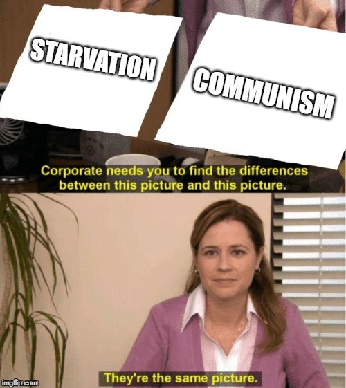 bread, comrade? |  COMMUNISM; STARVATION | image tagged in office same picture | made w/ Imgflip meme maker