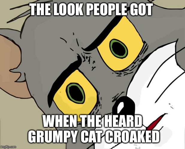 Uneasy Tom | THE LOOK PEOPLE GOT; WHEN THE HEARD GRUMPY CAT CROAKED | image tagged in uneasy tom | made w/ Imgflip meme maker