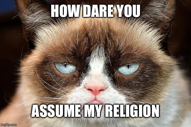 Grumpy Cat Not Amused Meme | HOW DARE YOU ASSUME MY RELIGION | image tagged in memes,grumpy cat not amused,grumpy cat | made w/ Imgflip meme maker