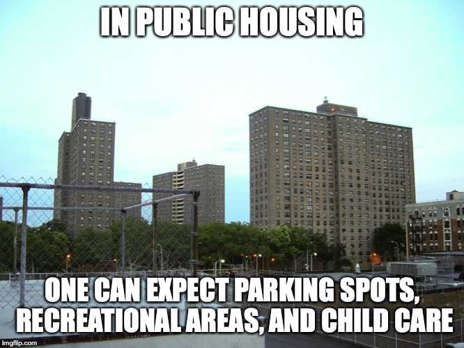 Public Housing | IN PUBLIC HOUSING; ONE CAN EXPECT PARKING SPOTS, RECREATIONAL AREAS, AND CHILD CARE | image tagged in public housing,memes | made w/ Imgflip meme maker