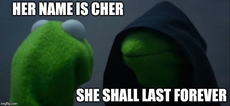 Evil Kermit | HER NAME IS CHER; SHE SHALL LAST FOREVER | image tagged in memes,evil kermit | made w/ Imgflip meme maker