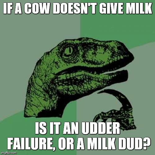 Philosoraptor | IF A COW DOESN'T GIVE MILK; IS IT AN UDDER FAILURE, OR A MILK DUD? | image tagged in memes,philosoraptor,bad puns,cows,milk | made w/ Imgflip meme maker