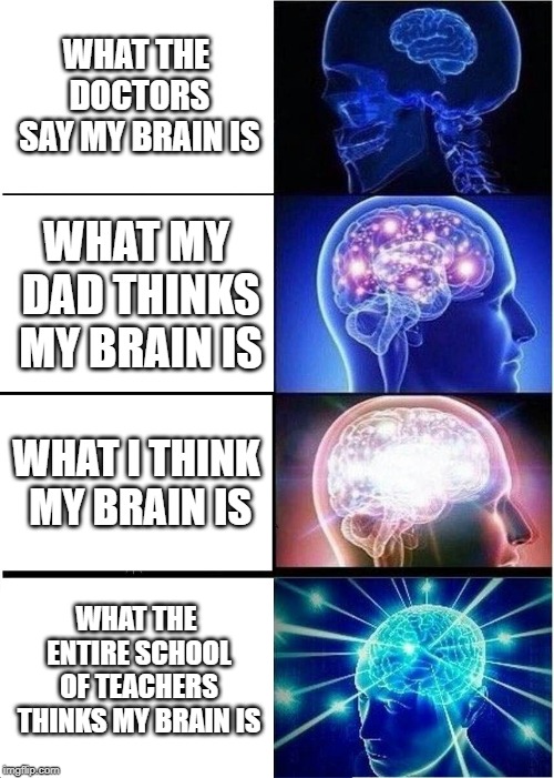 Expanding Brain | WHAT THE DOCTORS SAY MY BRAIN IS; WHAT MY DAD THINKS MY BRAIN IS; WHAT I THINK MY BRAIN IS; WHAT THE ENTIRE SCHOOL OF TEACHERS THINKS MY BRAIN IS | image tagged in memes,expanding brain | made w/ Imgflip meme maker