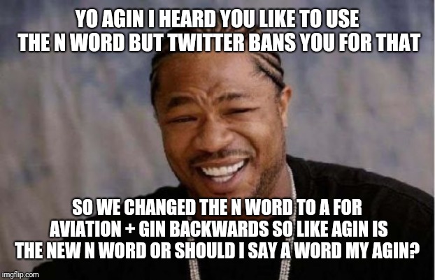 Yo Dawg Heard You Meme | YO AGIN I HEARD YOU LIKE TO USE THE N WORD BUT TWITTER BANS YOU FOR THAT; SO WE CHANGED THE N WORD TO A FOR AVIATION + GIN BACKWARDS SO LIKE AGIN IS THE NEW N WORD OR SHOULD I SAY A WORD MY AGIN? | image tagged in memes,yo dawg heard you | made w/ Imgflip meme maker