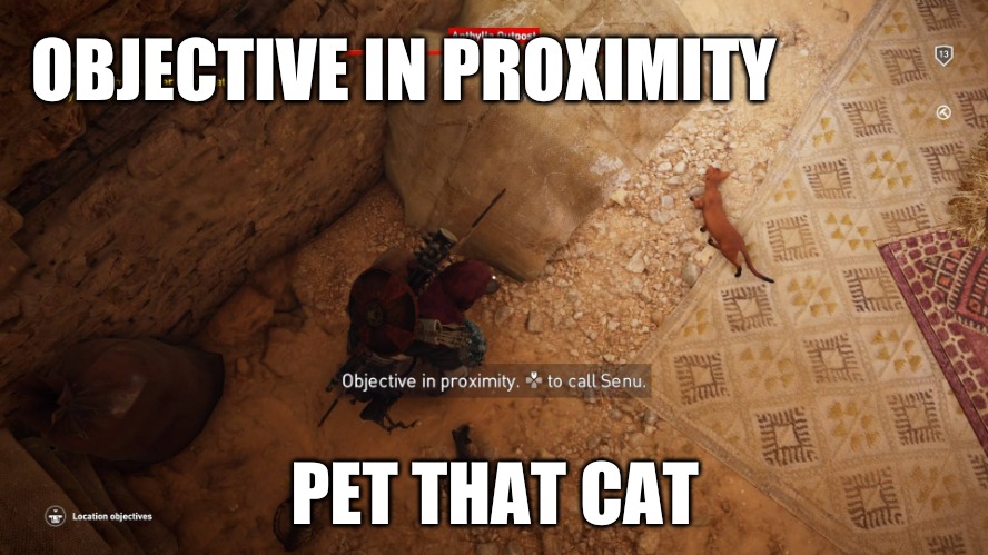 Assassin's Creed | OBJECTIVE IN PROXIMITY; PET THAT CAT | image tagged in assassin's creed | made w/ Imgflip meme maker