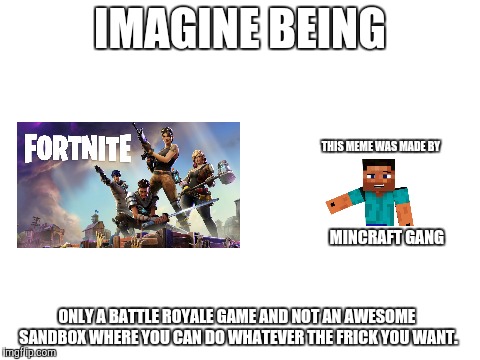 Blank White Template | IMAGINE BEING ONLY A BATTLE ROYALE GAME AND NOT AN AWESOME SANDBOX WHERE YOU CAN DO WHATEVER THE FRICK YOU WANT. THIS MEME WAS MADE BY MINCR | image tagged in blank white template | made w/ Imgflip meme maker