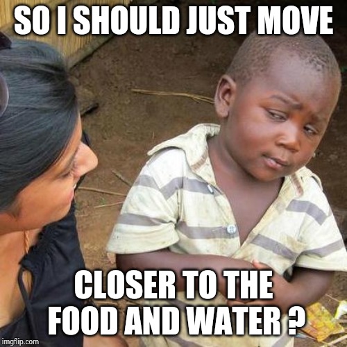 Third World Skeptical Kid Meme | SO I SHOULD JUST MOVE CLOSER TO THE FOOD AND WATER ? | image tagged in memes,third world skeptical kid | made w/ Imgflip meme maker