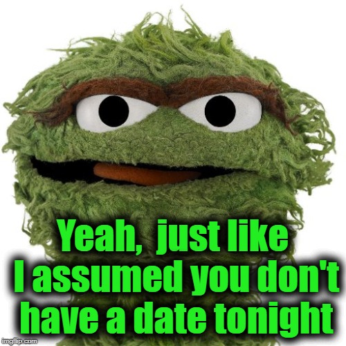 Oscar The Grouch | Yeah,  just like I assumed you don't have a date tonight | image tagged in oscar the grouch | made w/ Imgflip meme maker