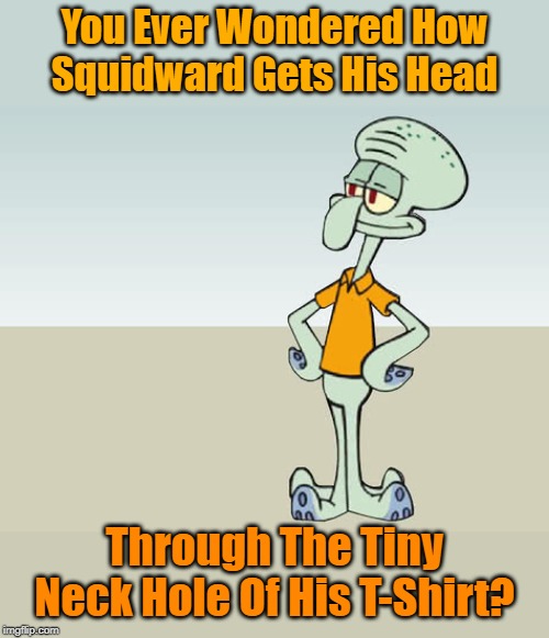 I Have! v( ‘.’ )v (Squidward week May 19th-25th a Sahara-jj and EGOS event) | You Ever Wondered How Squidward Gets His Head; Through The Tiny Neck Hole Of His T-Shirt? | image tagged in squidward tentacles,memes,squidward week,egos,sahara-jj,do you know | made w/ Imgflip meme maker
