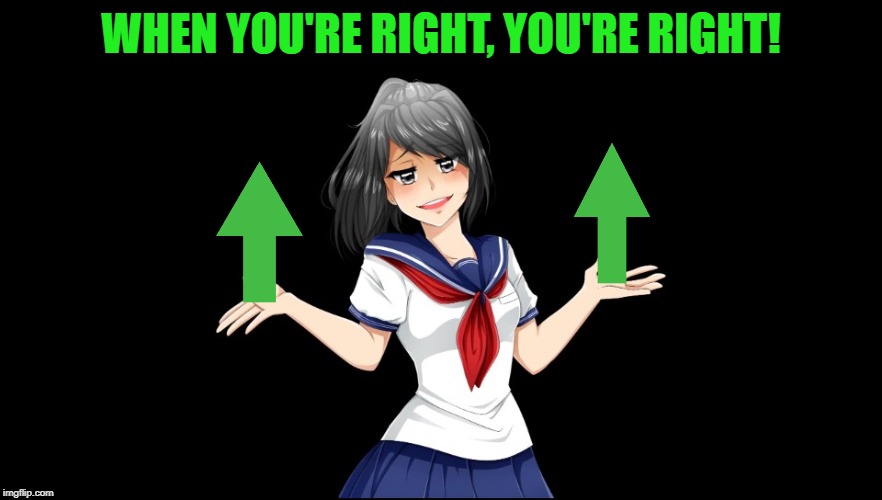 Yandere-chan i dunno. | WHEN YOU'RE RIGHT, YOU'RE RIGHT! | image tagged in yandere-chan i dunno | made w/ Imgflip meme maker