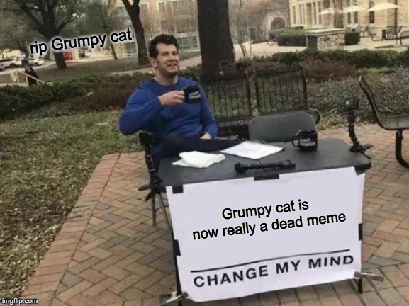 We will miss you | rip Grumpy cat; Grumpy cat is now really a dead meme | image tagged in memes,change my mind | made w/ Imgflip meme maker